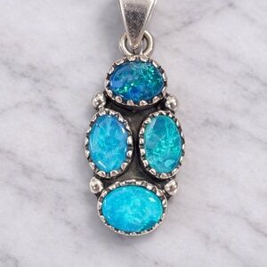 Sterling Silver Lab Opal Cluster Pendant 925 Blue Green Cabochons